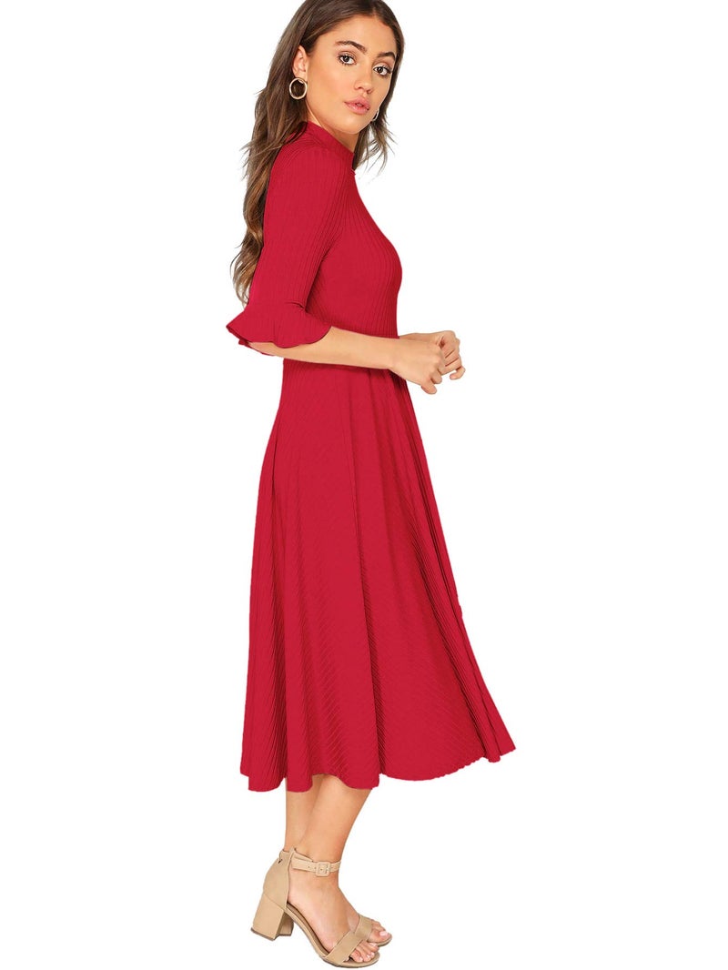Verdusa Women's Ruffle Half Sleeve A Line Fall Dresses Elegant Fit and Flare Midi Dress Red Solid Small - Image 3